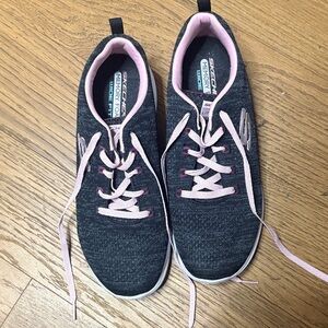 Skechers Women's Dark Gray Knit Sneakers with Pink Trim